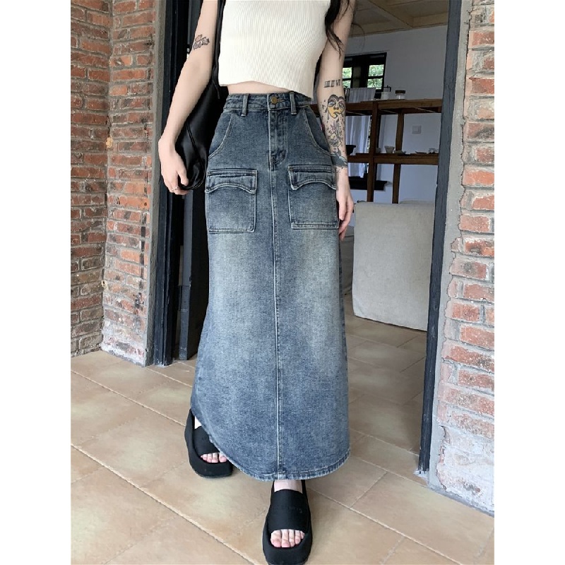IMAODOU Chân váy denim  dài lưng cao dáng rộng màu xanh dương thời trang xuân hè cho nữ