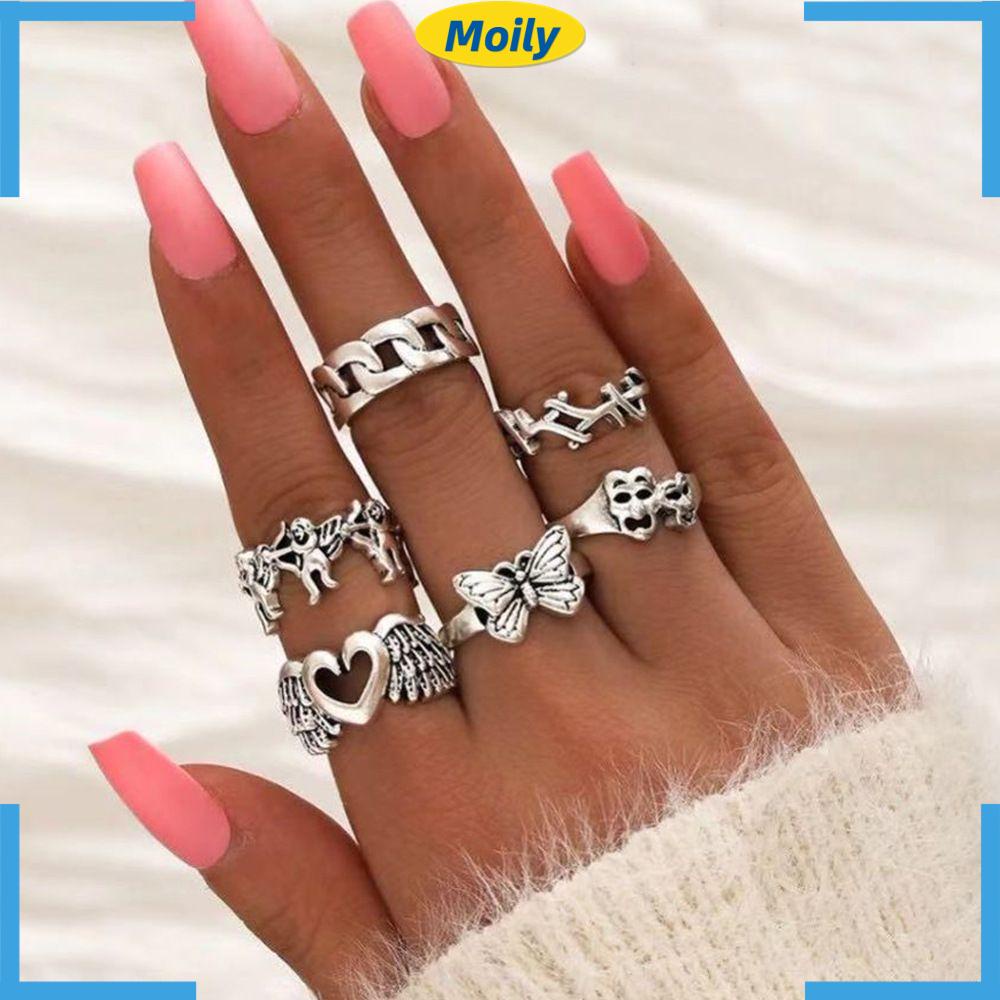 Set 6 nhẫn đeo khớp ngón tay họa tiết bướm/trái tim/đầu lâu phong cách gothic độc đáo cho nam nữ