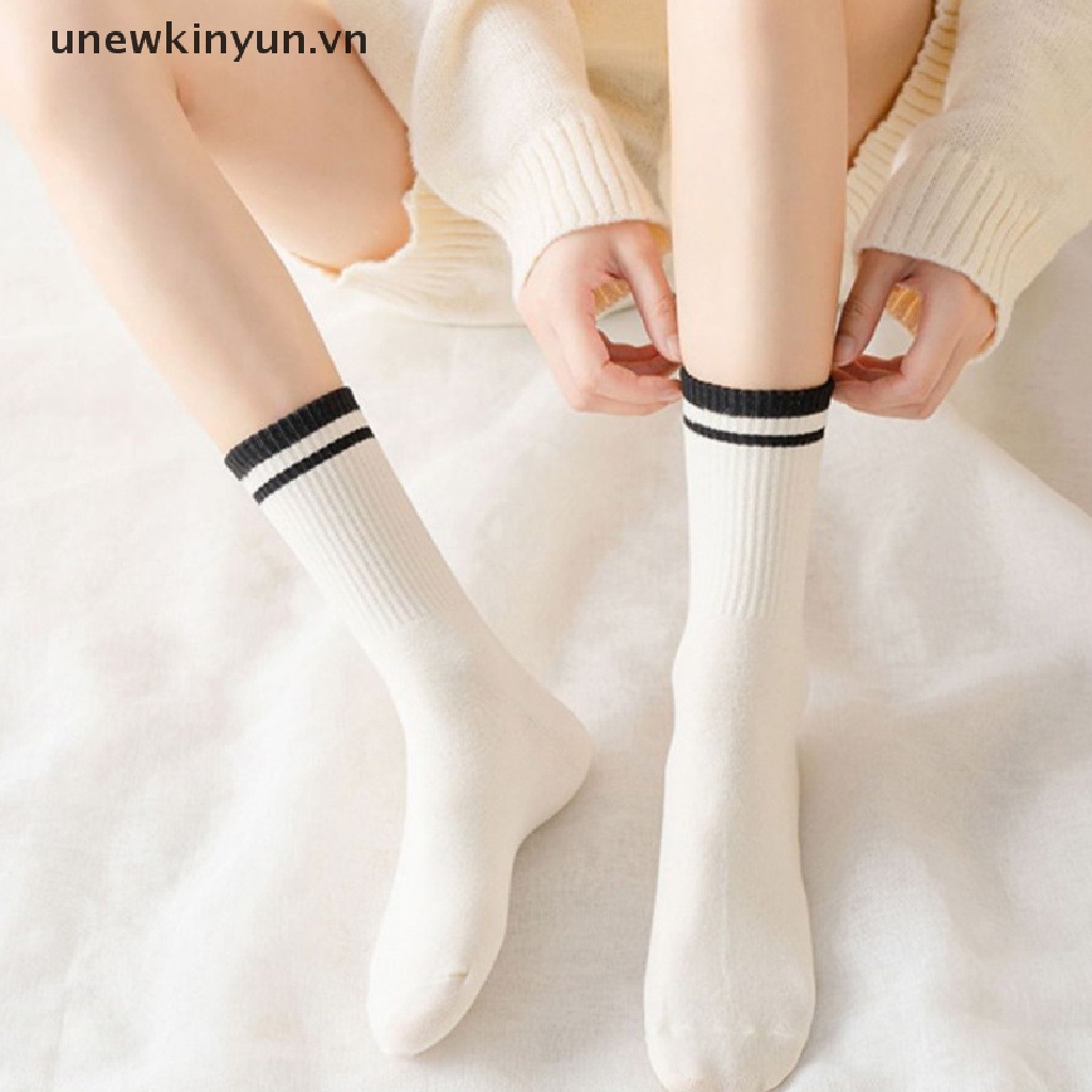 Set 2 Đôi Vớ Thể Thao Bằng Cotton Thoải Mái Màu Trơn Kẻ Sọc Đơn Giản Thời Trang Cho Nữ