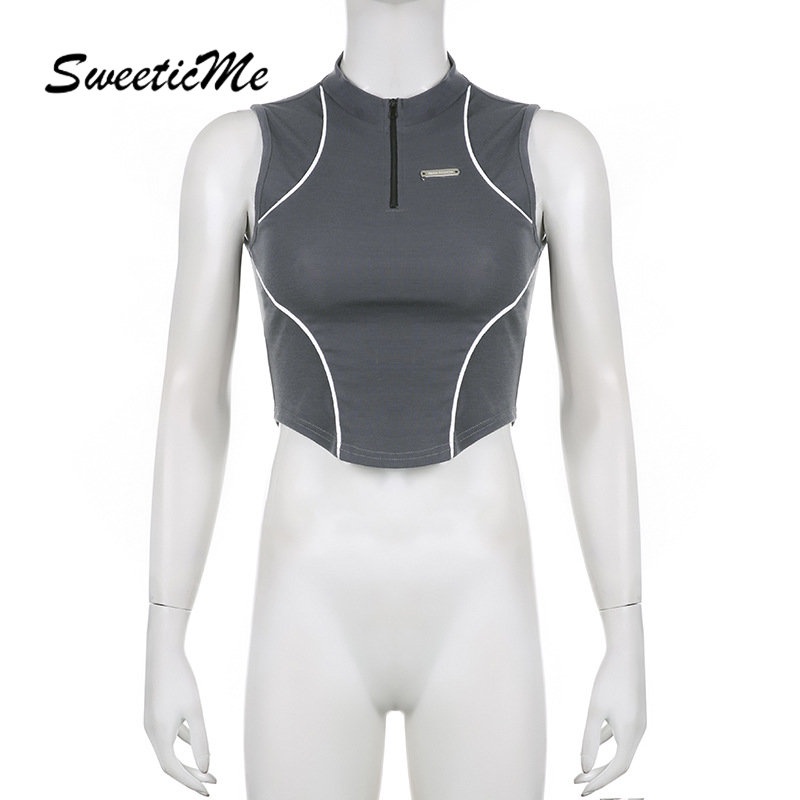 Áo Thun Thể Thao Sát Nách Phối Màu Tương Phản Có Khóa Kéo Thời Trang 2023 Cho Nữ