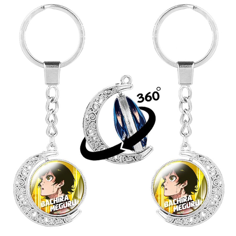 Móc Khóa Xoay Hai Mặt Đính Đá Quý Màu Xanh Dương Hình Anime