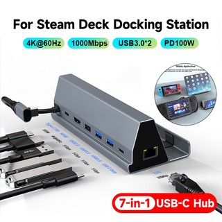 7 trong 1 usb 3.0 4k 60hz loại c hub 7 cổng rj45 1000mbps pd 100w usb c charger holder cho steam deck docking station switch