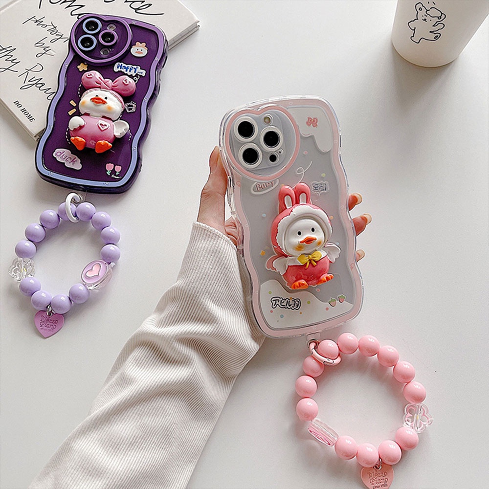 Ốp Điện Thoại TPU Dẻo Họa Tiết Chú Vịt 3D Dễ Thương Chống Sốc Kèm Vòng Đeo Tay Cho IPhone 11 12 13 14 Pro Max 14 Plus