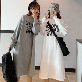 Váy đầm nữ Bigsize Đầm thun suông tay dài cổ tròn in hình mùa xuân Phong cách Hàn Quốc Thời Trang đẹp