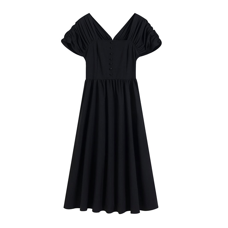 SUXI Đầm Midi Tay Ngắn Màu Đen Phong Cách Vintage Thời Trang Mùa Hè Cho Nữ