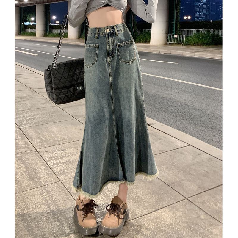 Chân váy jean Đuôi Cá Dáng Chữ A Viền Thô Phong Cách Vintage Thời Trang Mùa Hè Dành Cho Bạn Nữ