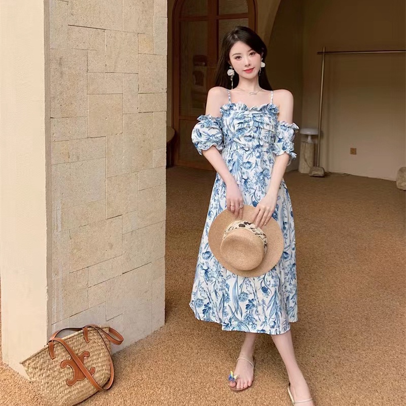 Đầm Ngắn Hai Dây Không Đều Họa Tiết Hoa Màu Xanh Dương Phong Cách Hàn Quốc Kiểu Mới Cho Nữ