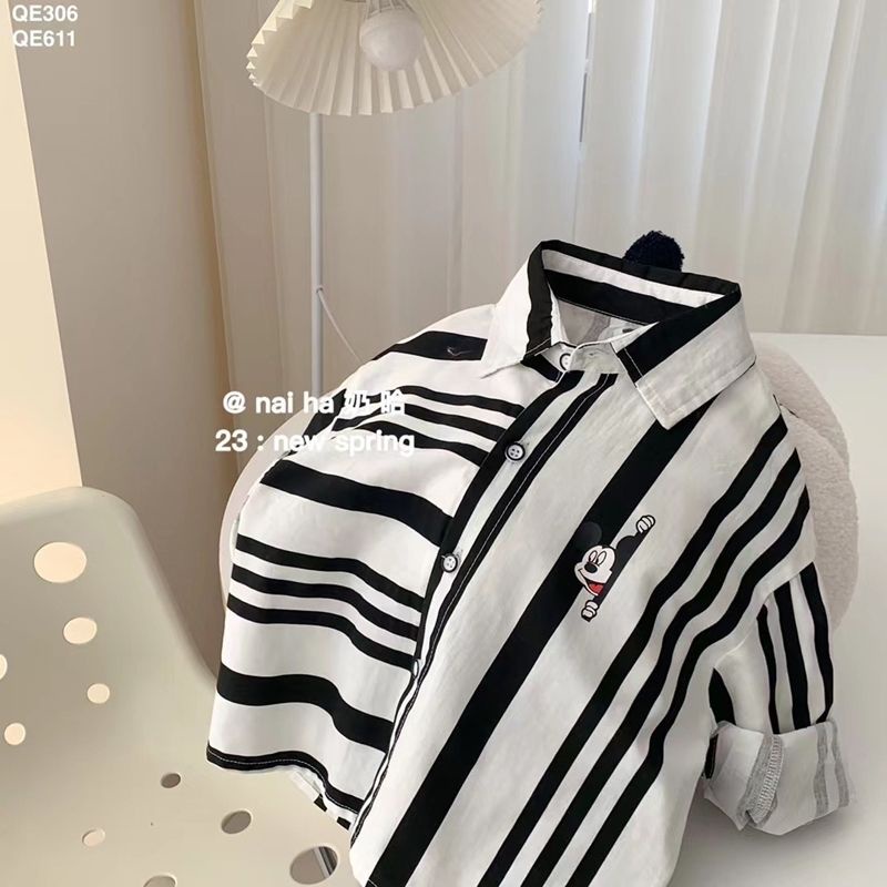 Áo Sơ Mi Kẻ Sọc Tay Dài In Hình Chuột Mickey Thời Trang Mùa Xuân Mới 2023 Cho Bé Trai