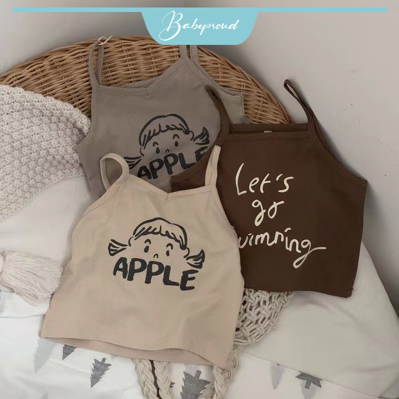 BABEPROUD Áo hai dây bằng cotton in chữ và hoạt hình phong cách Hàn Quốc cho bé gái 0-6 tuổi