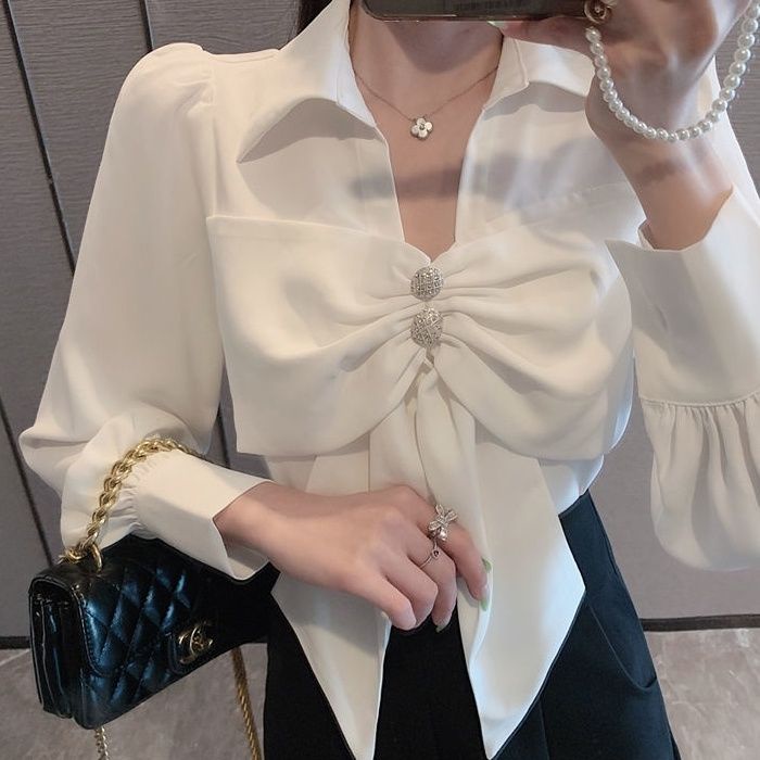 COZOK Áo Sơ Mi Tay Dài Cổ Chữ V Thắt Nơ Phong Cách Pháp Thời Trang Cho Nữ