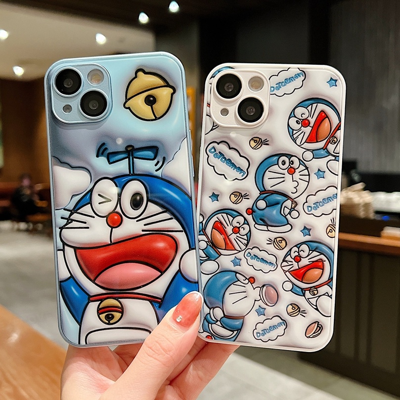 Ốp Điện Thoại Kính Cường Lực Cứng Viền Silicone Mềm Hình Doraemon Cho iPhone 11 12 13 14 Pro Max 13Pro 14Pro