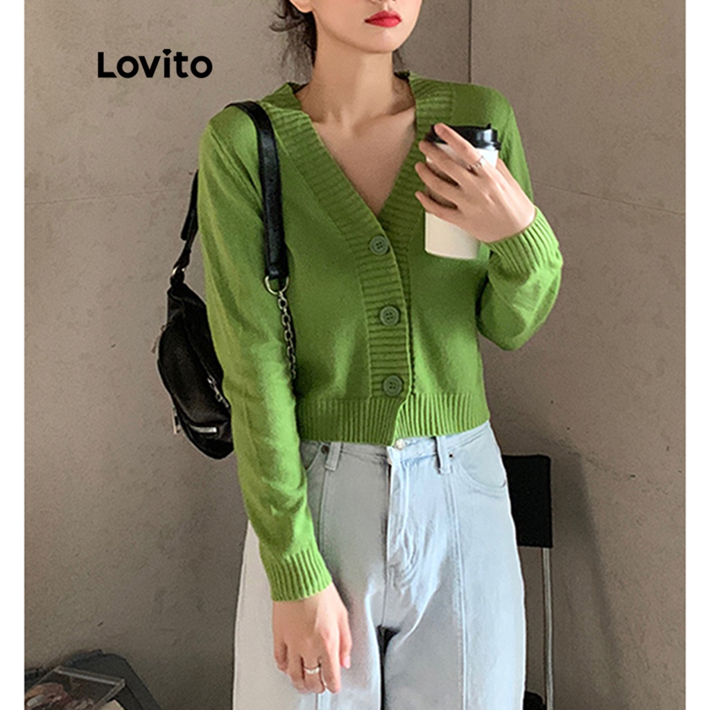 Áo khoác cardigan LOVITO cổ chữ V màu trơn cơ bản phong cách Giáng Sinh thường ngày L07092 (màu xanh lá cây/ màu trắng)