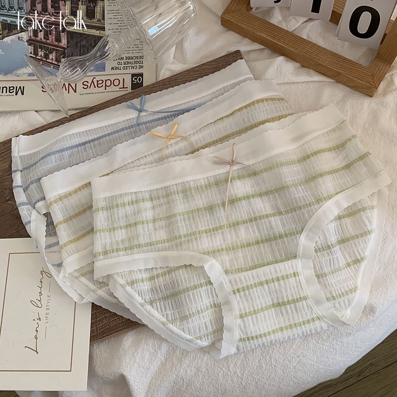 Quần lót ren TAKETALK mềm mại co giãn thoáng khí họa tiết sọc cầu vồng tương phản phong cách Nhật Bản cho nữ