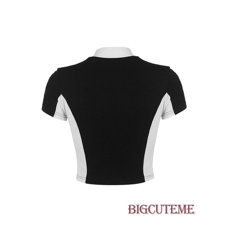 Áo Croptop Dệt Kim Tay Ngắn Cổ Đứng Có Khóa Kéo In Chữ Thời Trang Cho Nữ