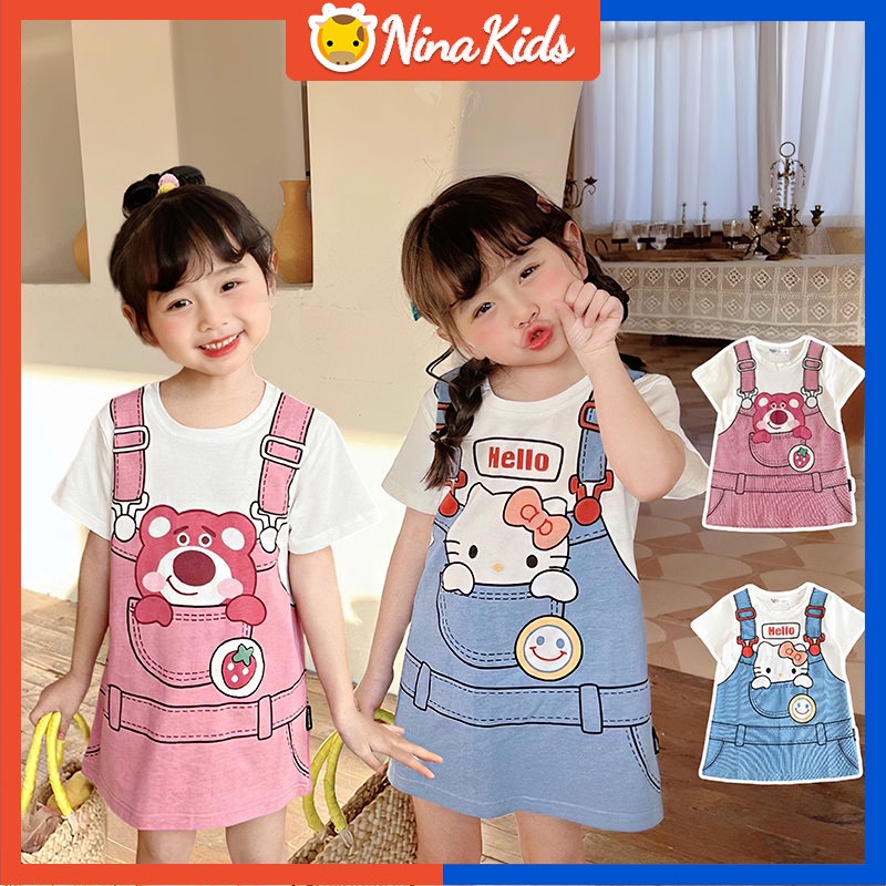 Đầm Thun Cotton Tay Ngắn Dáng Rộng In Họa Tiết Hoạt Hình Gấu / Mèo / Dâu Tây Dễ Thương Thời Trang Mùa Hè Cho Bé Gái