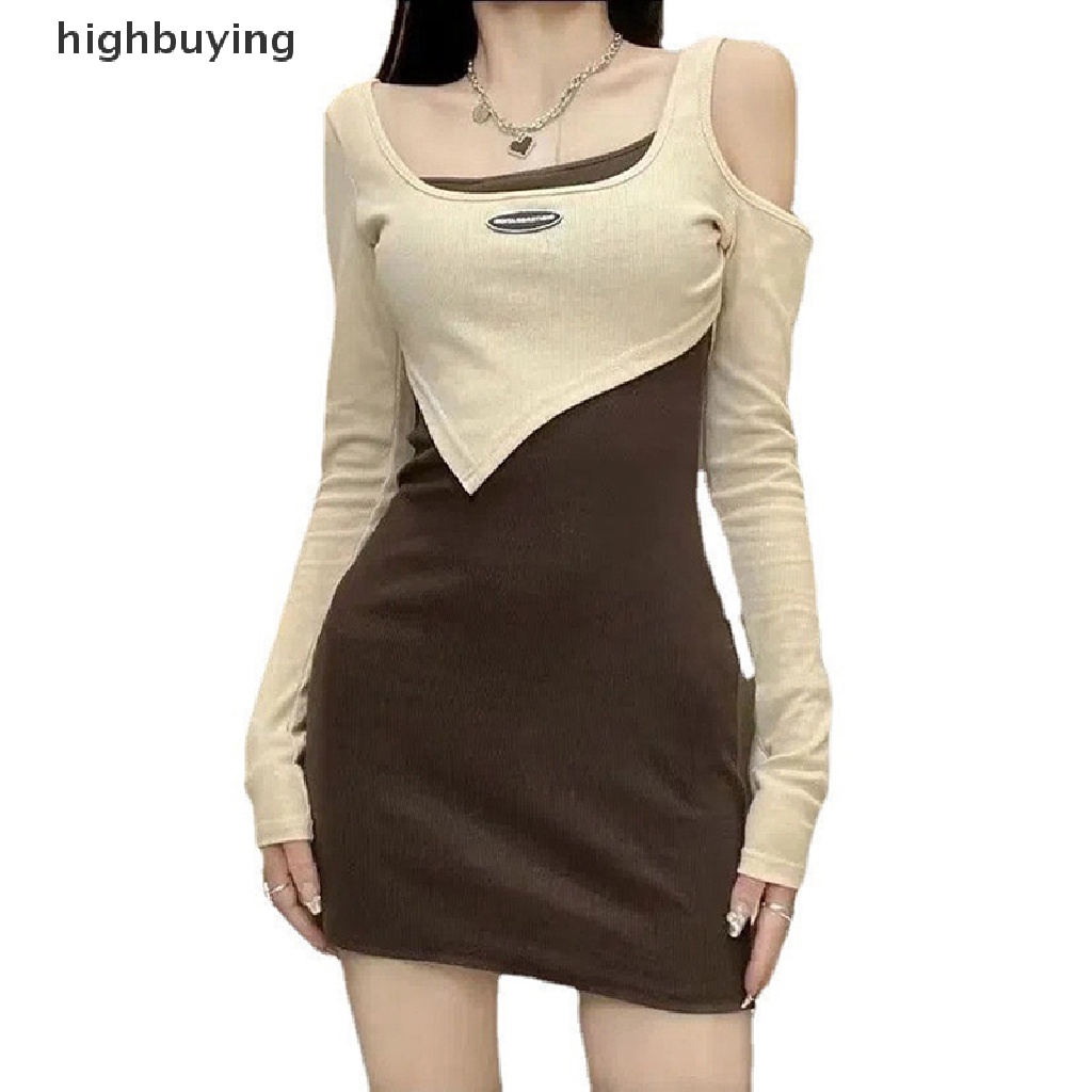 Hbvn Belle Đầm Mini Dài Tay Trễ Vai Giả Hai Mảnh Ghép Nối Kiểu Harajuku Đường Phố Gợi Cảm Cho Nữ Y2k