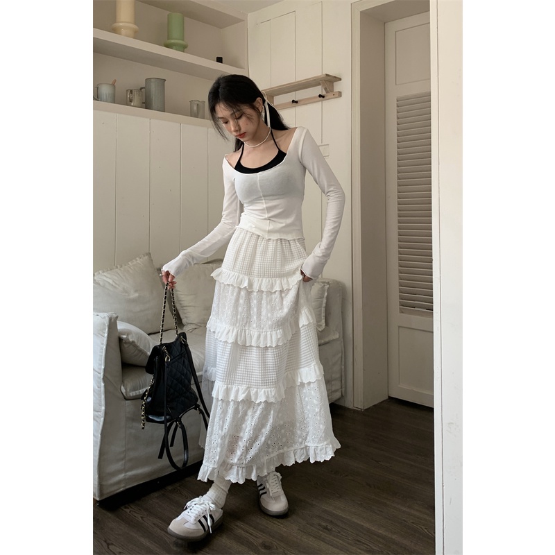 「Nonfatgirl」Chân Váy Len Lưng Cao Dáng Rộng Màu Trắng Thời Trang Cho Nữ