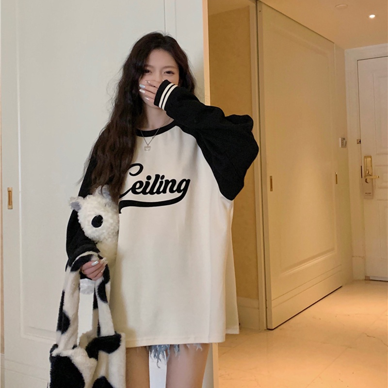 IELGY  Áo sweater Tay raglan In Chữ Phong Cách retro Mỹ Cho Nữ