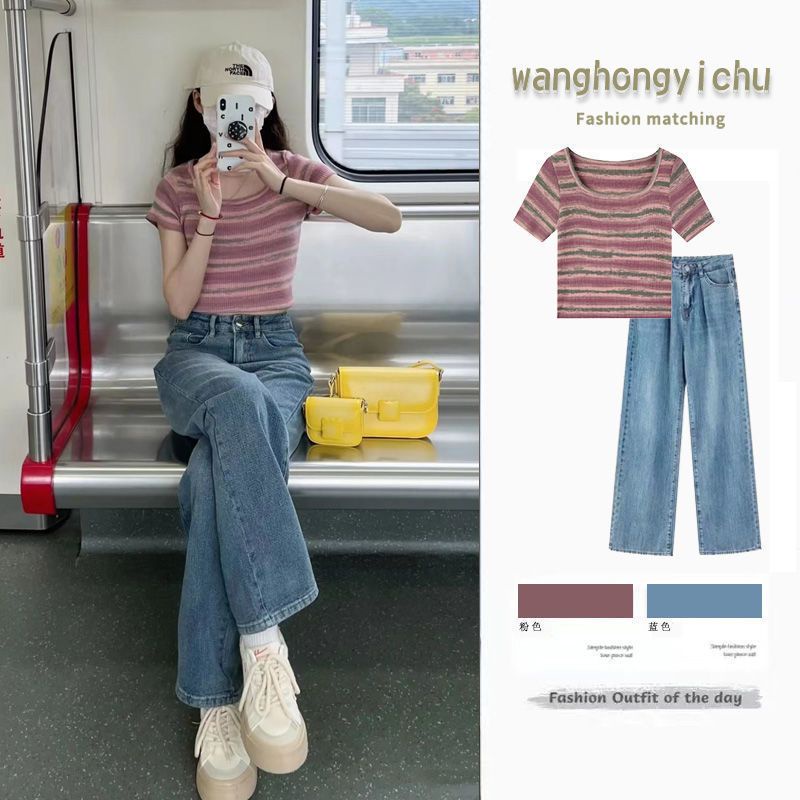 Set Áo Thun Ngắn Tay Cổ Tròn + Quần Jeans Dài Lưng Cao Thời Trang Hàn Cho Nữ