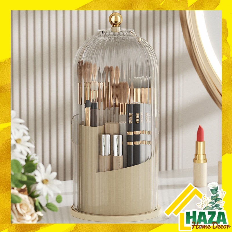 Mã J9227 - Hộp Lưu Trữ Mỹ Phẩm Xoay 360 độ, Kệ đựng cọ trang điểm có nắp để bàn decor [Haza Home Decor]