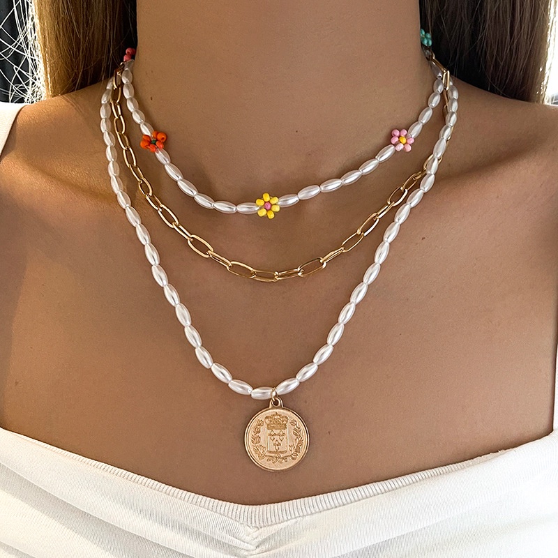 1 Set Vòng Cổ Ba Lớp Hình Hoa Ngọc Trai Nhỏ Nhẹ Thời Trang Sang Trọng Cá Tính