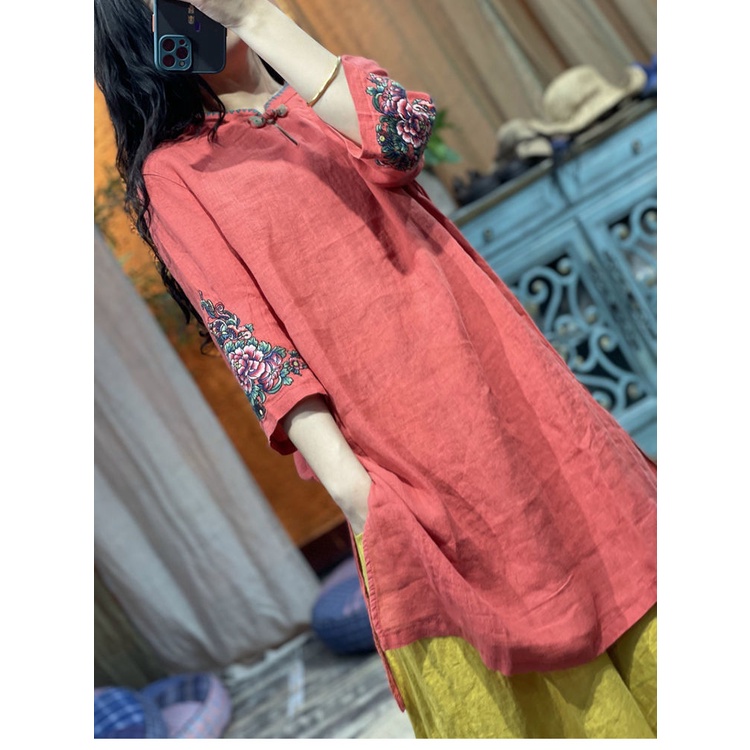 Đầm Sườn Xám Cách Tân Vải Lanh Cotton Thêu Họa Tiết Phong Cách Trung Hoa Cổ Điển Thời Trang Cho Nữ