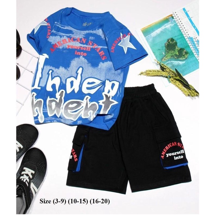 Bộ Ngắn Indep Xanh Afafun 3-9, Set đồ ngắn cho bé trai