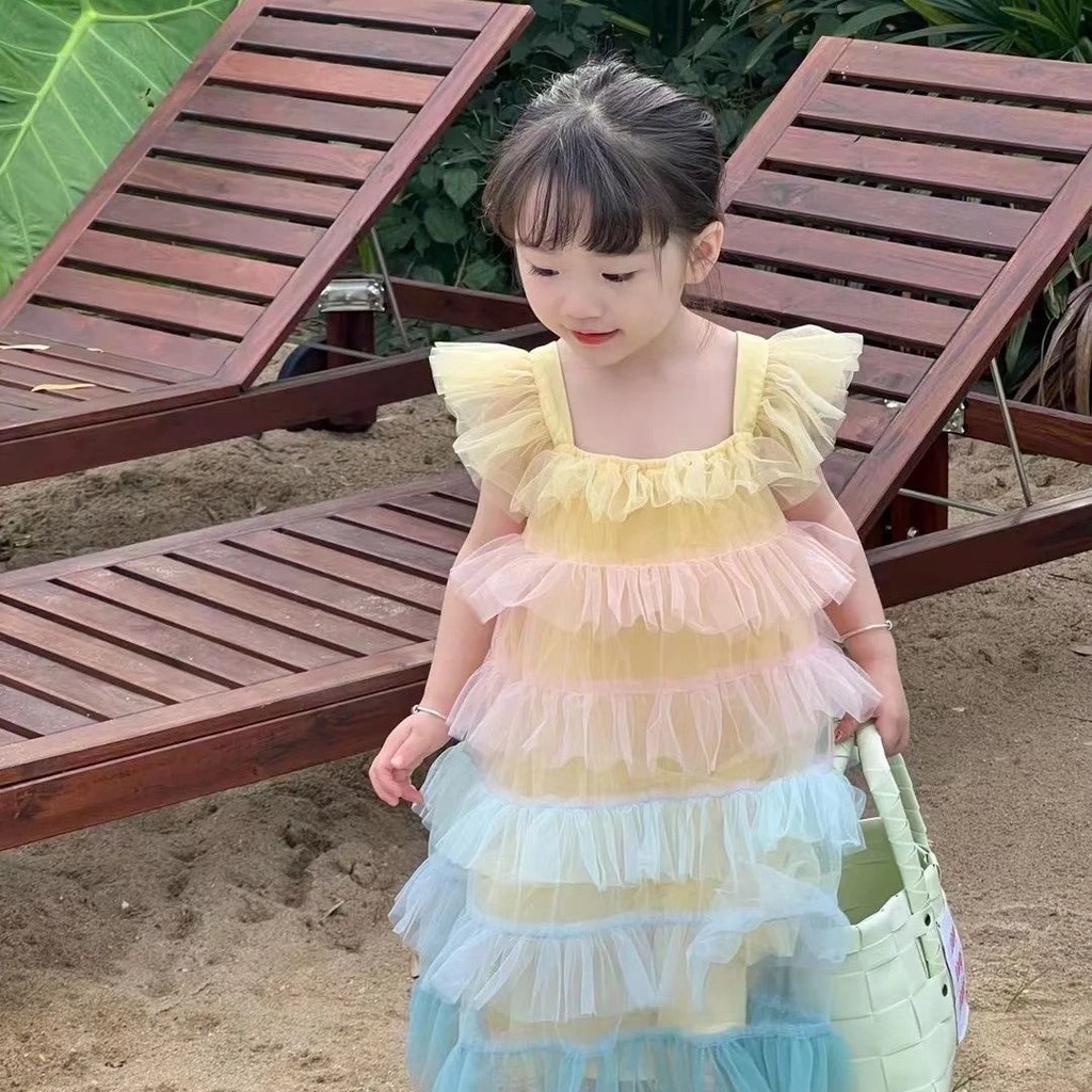 Đầm Xòe Xếp Tầng Vải Tuyn Màu Cầu Vồng Dễ Thương Thời Trang Mùa Hè Cho Bé Gái