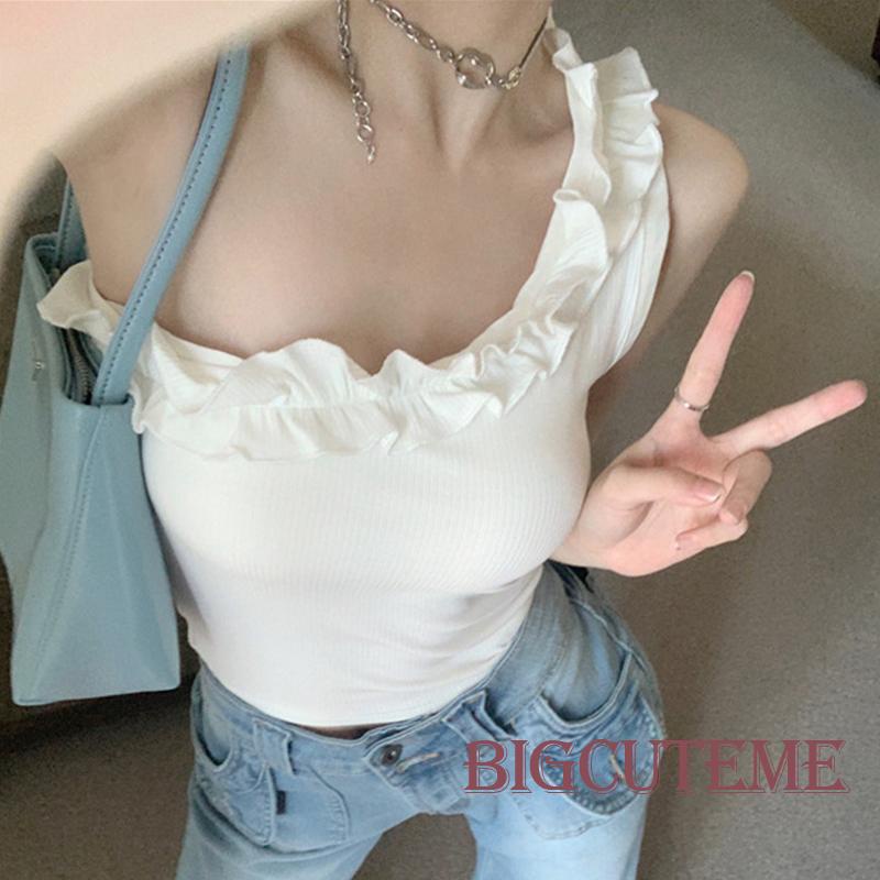 [] Áo Crop Top Không Tay Một Bên Vai Có Gân Ôm Dáng Màu Trơn Mùa Hè Cho Nữ