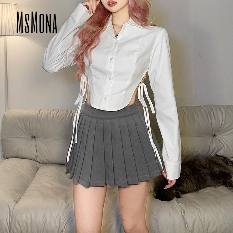 MsMona Áo Thun Tay Dài Cổ Bẻ Màu Trơn Dáng Ôm Thời Trang 2023 Dành Cho Bạn Nữ