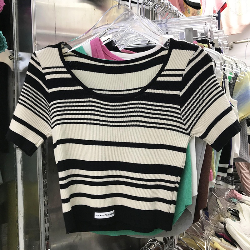 Áo thun croptop SUXI tay ngắn dáng ôm họa tiết kẻ sọc phong cách cổ điển thời trang mùa hè cho nữ