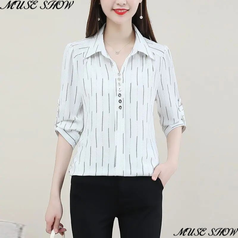 Áo Sơ Mi Chiffon Ba Sọc Dọc Nhỏ Ôm Dáng Thời Trang Xuân Hè 2023 Cho Nữ 2023 Dễ Phối Đồ
