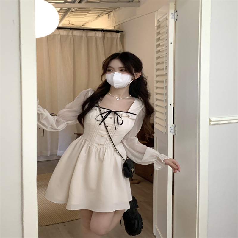 Váy phong cách Hàn Quốc, váy tay phồng, váy cổ vuông nữ, váy chữ A, váy kiểu Pháp, xuân hè mới người đàn ông nhỏ màu trắng với eo thon và váy dài tay