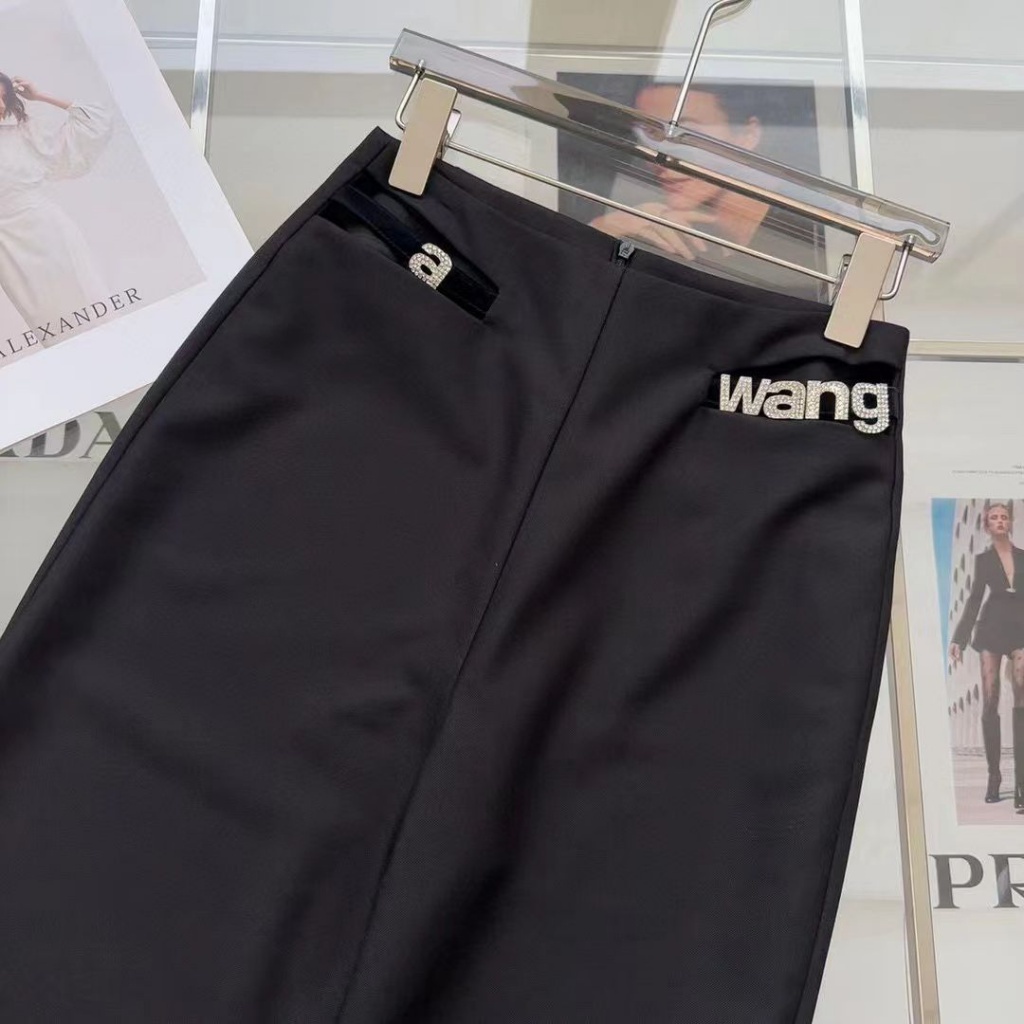 Alexander Wang 2023 spring and summer new two-side hollow rhinestone letter logo hardware straight casual pants for women