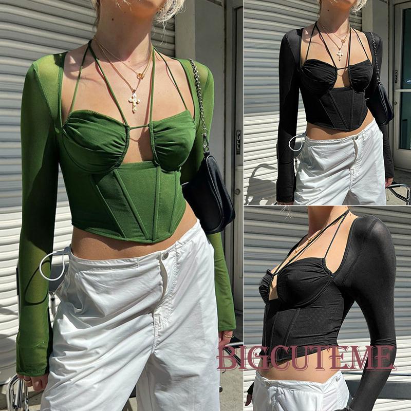 [] Áo Crop Top Dài Tay Phối Lưới Xuyên Thấu Phong Cách Đường Phố Đơn Giản Dành Cho Nữ