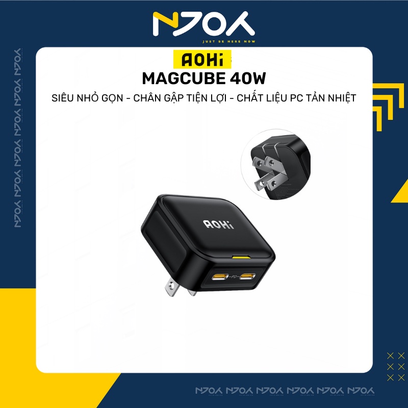 Củ Sạc Nhanh 40W AOHI MagCube Siêu Nhỏ Gọn 2 Cổng Sạc Chân Gập Tiện Lợi Cho iP14 Pro Max Samsung Xiaomi Huawei Njoyshop