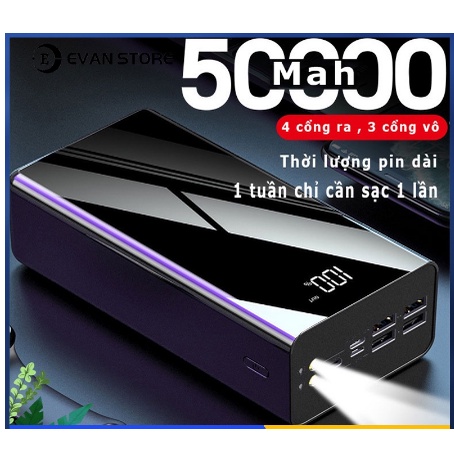 Sạc dự phòng dung lượng lớn 50000mah , trữ pin nhiều , có đèn pin , màn hình led hiện thị phần trăm pin