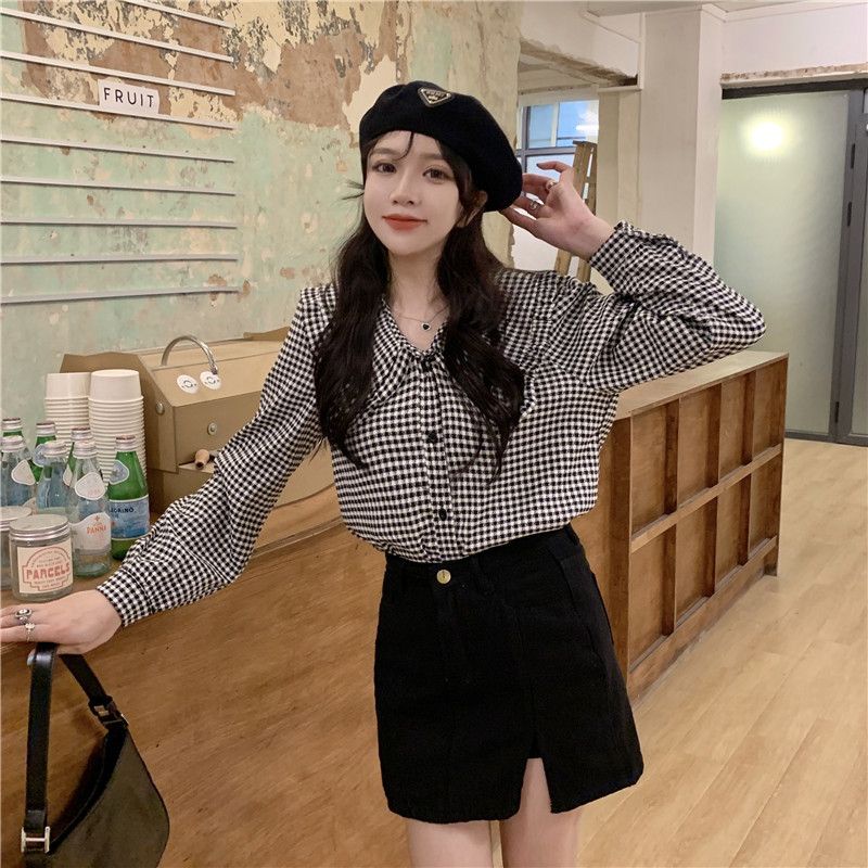 Áo Sơ Mi Caro Tay Dài Cổ Búp Bê Phong Cách Retro Hàn Quốc Cho Bạn Gái