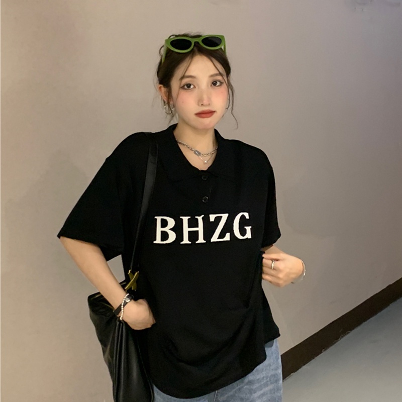 IELGY Áo polo Dệt Kim Tay Ngắn Dáng Rộng Thời Trang Cho Nữ