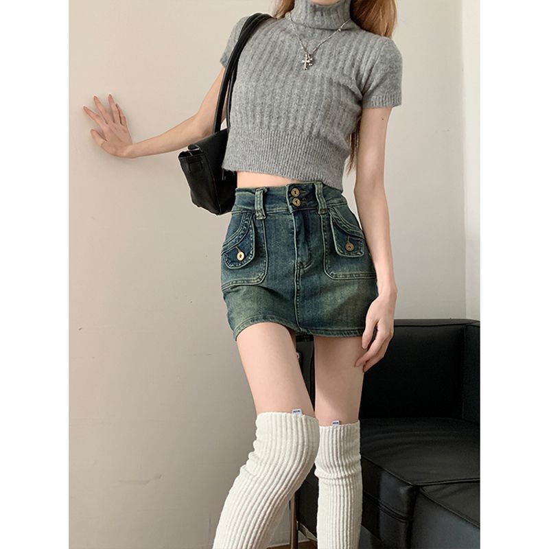 Jiashucheng Chân Váy Denim Ngắn Dáng Ôm Lưng Cao Phong Cách Retro Hong Kong Thời Trang Mùa Hè Dành Cho Nữ