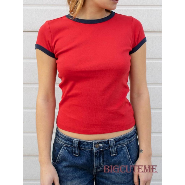 Áo Croptop Tay Ngắn Cổ Tròn Màu Sắc Tương Phản Thời Trang Mùa Hè Cho Nữ