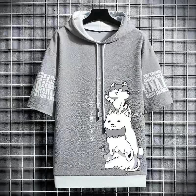 Áo Thun Hoodie Tay Ngắn Dáng Rộng Giả Nhiều Lớp In Hình Mèo Dễ Thương Thời Trang Mùa Hè Cho Nam Và Nữ Size S-3XL