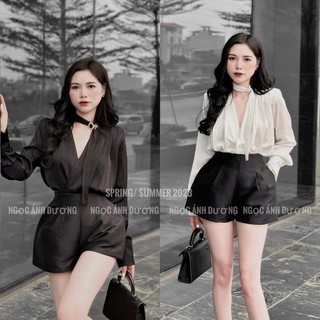 Set áo lụa cổ v vạt chéo quần đùi đen 2 màu basic dễ mặc