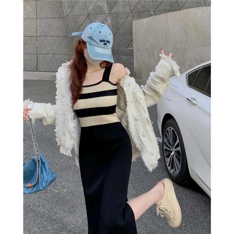 SUXI Đầm Midi Hai Dây Dệt Kim Ôm Dáng Phối Họa Tiết Kẻ Sọc Màu Đen Thời Trang Mùa Xuân Cho Nữ