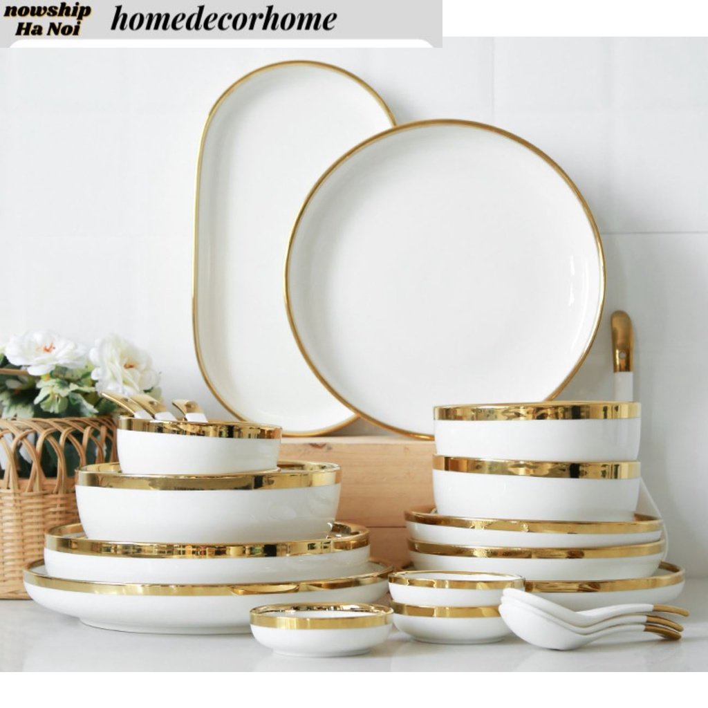 Bát ăn cơm viền vàng cao cấp, bộ bát sứ viền vàng, bộ đĩa sứ viền vàng, đũa ăn cơm inox 304 cao cấp