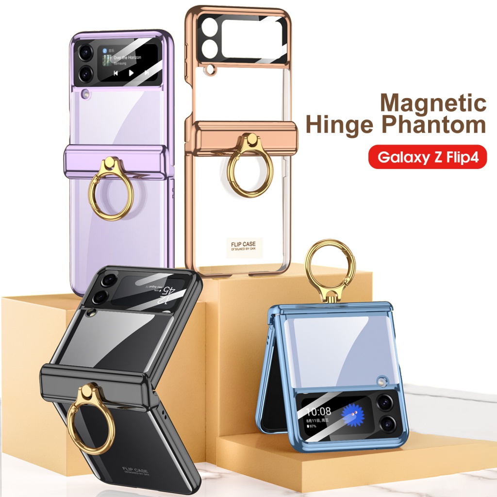 Bao Da Điện Thoại Nắp Lật Trong Suốt Kèm Móc Xỏ Ngón Cho Samsung Galaxy Z Flip4 2023 Đứng
