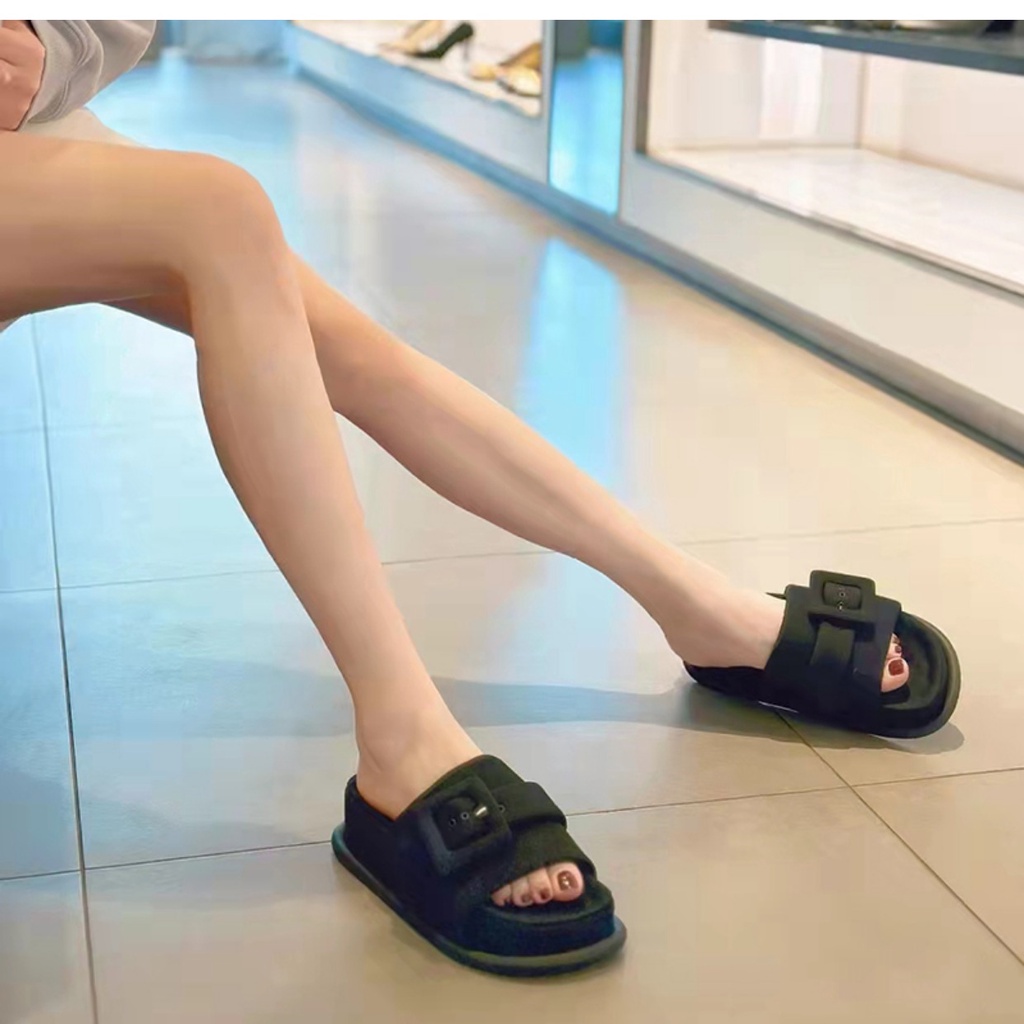 Dép sandal ATIKOTA hở ngón đế dày quai ngang vải có khóa vuông thời trang trẻ trung dành cho nữ