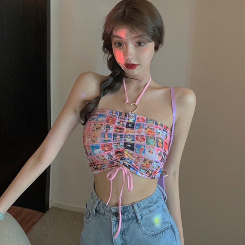 Áo Croptop Hai Dây Dáng Ôm In Họa Tiết Phong Cách Hàn Quốc Quyến Rũ Cho Nữ