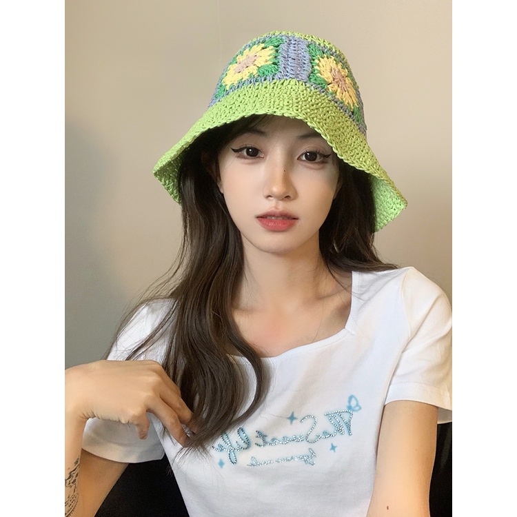 Nón Tai Bèo Đan Cói Thủ Công Họa Tiết Hoa Xinh Xắn Thời Trang Hàn Quốc