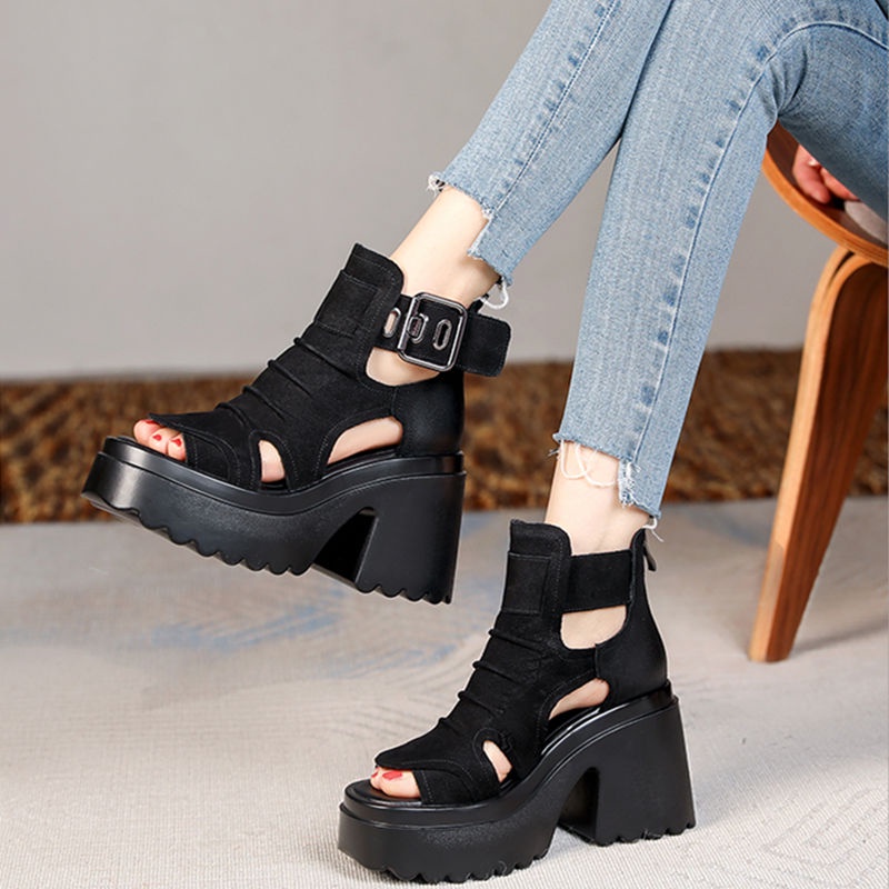 Giày Sandal Cao Gót 10cm Đế Dày Hở Mũi Phong Cách Roman